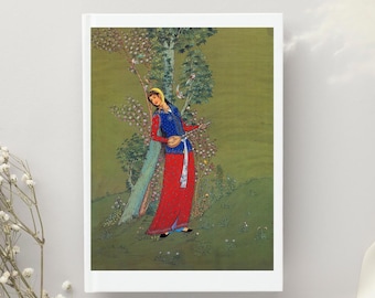 Persian Musician Woman Miniature art print by Hossein Behzad, Persian miniature wall art print, Persian lady plays Setar in the Spring