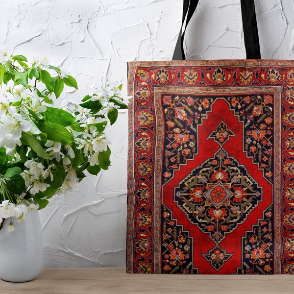 Persian Carpet tote bag, Printed Persian rug on tote bag, Red rug, Persian rug bag, Printed carpet, Oriental rug, Persian gift, Carpet bag