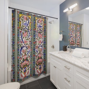 Persian art shower curtain, Persian vintage tile work, Gol o Morgh art, Iranian art, Bathroom decor, Maximalist home, Qajar bathroom decor
