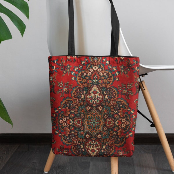 Gedrukte Perzische tapijttas, rood Perzisch tapijt gedrukt op draagtas, boho tas, Koerdische tas, Perzische kunst, bloemenboho tas, rode tapijt bedrukte tas