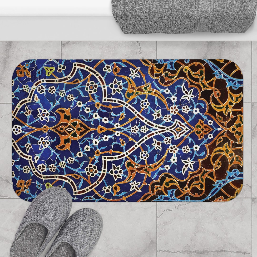 Non Slip Persian Tile Bath Mat, Turquoise Bath Mat Tile, Arabesque Bath ...