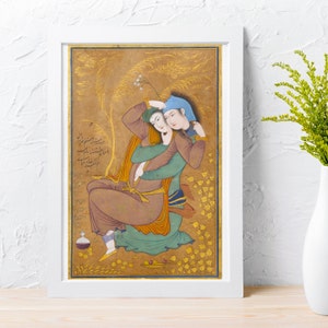 Miniature Painting, Persian art, Persian wall hanging, Safavid oil painting, Mughal art, Persian wall decor, Affectionate lovers , Poster