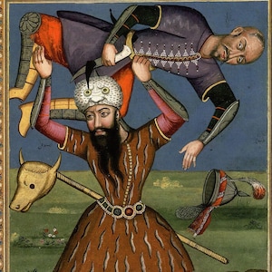 May include: A painting depicting a scene from a story. A man in a brown and gold striped robe holds another man upside down by his arms. The man being held is wearing a purple and red robe. The man holding the other man is wearing a white hat with a white owl design. The background is a blue sky with white clouds.