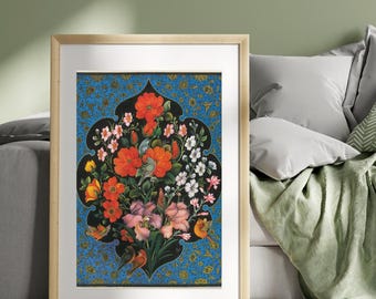 Persian Floral Poster Print, Persian Gol o Morgh Vintage Botanical Wall Decor, Persian Gift, Persian Home decor, Tazhib, Persian Miniature