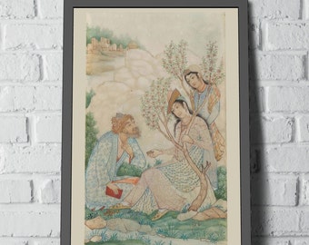 Framed miniature painting, Persian miniature painting by Hossein Behzad, Persian wall hanging, Persian poster, Mughal painting, fine art