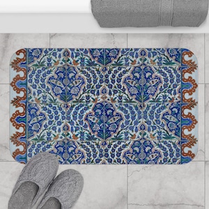 Non Slip Persian Tile Bath mat, Memory Foam Maximalist Bath Mat, Persian Mosaic, Turquoise Retro Bathroom Décor, Boho Bathroom Aesthetic,