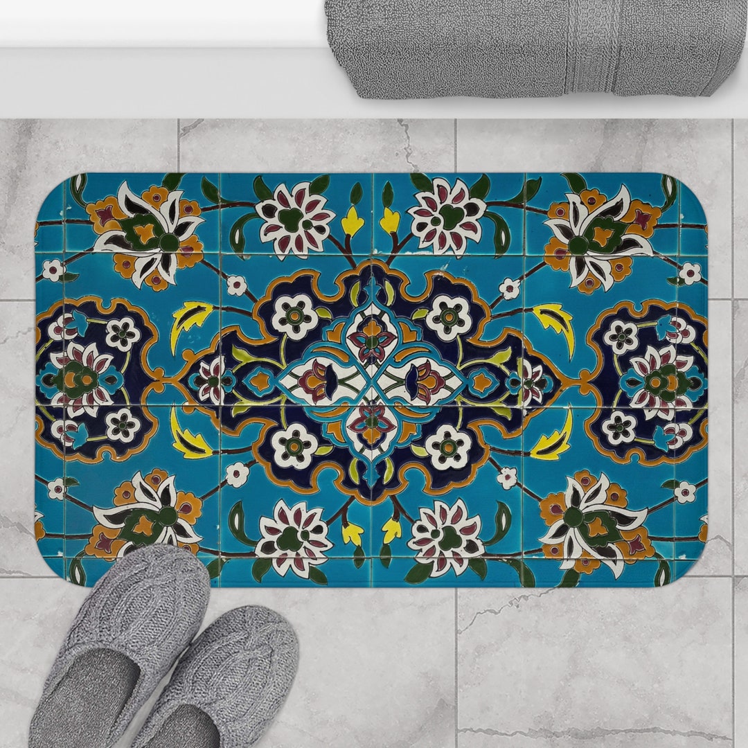 Persian Bath Mat, Turquoise Tile Print Bath Mat, Mosaic Bath Rug