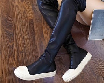 Rick Owens dij hoge sneakers voor dames|Zwart echt leer Britse stijl dij hoge Rick Owens laars|Rick Owen schoen outfit cadeau voor haar