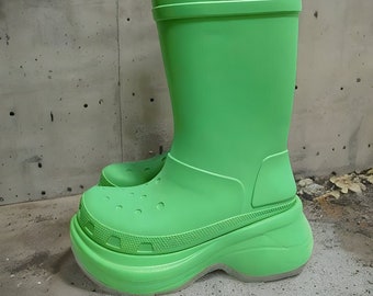 Ontwerper!!! Regenlaarzen voor dames| Hoge dij rubber & stof modelaarzen| Kniehoge platte platform waterdichte ronde neus laarzen| Cadeau voor haar