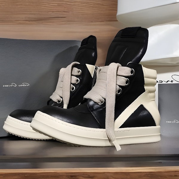Rick Owens Thick Laces Unisex Sneakers|Casual Rick Owens Lace Up Black Shoes|Genuine Leather Rick Owens Boots|Nverted Triangle Rick Shoes