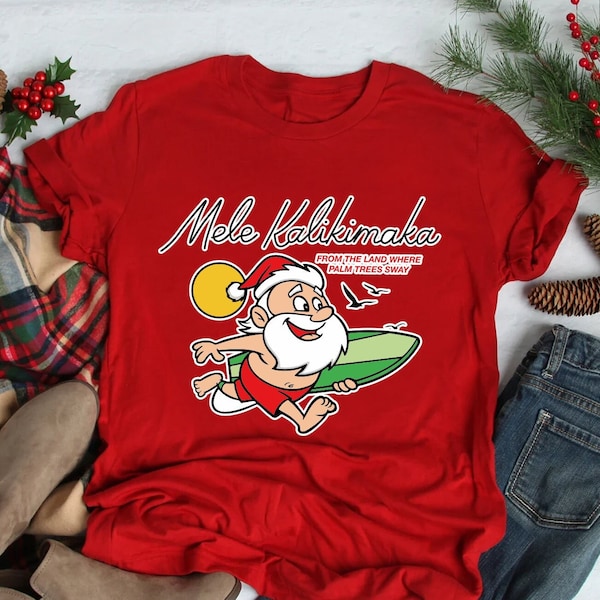 Mele Kalikimaka Hawaii Christmas Shirt, Surfing Santa T-Shirt, Festive Holiday Party, Funny Christmas, Retro Christmas, Vintage Christmas