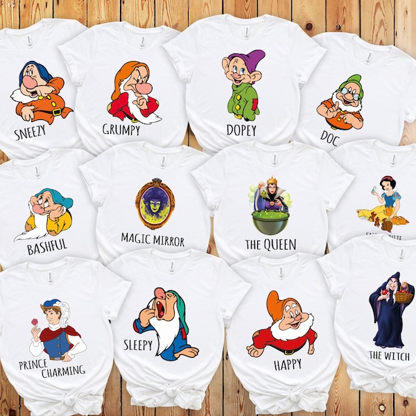 Camisas de los siete enanitos, camisa de la familia Disney, camisa de los 7 enanitos, camisas del grupo Disney, blancanieves, gruñón, doc, tonto, feliz, somnoliento, camiseta estornuda