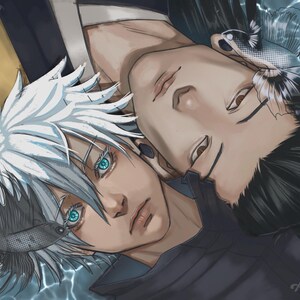 May include: Digital illustration of two anime-style figures, one with white hair and turquoise eyes, the other with black hair. A betta fish floats near each figure's head. The artwork is signed "AzulArts".