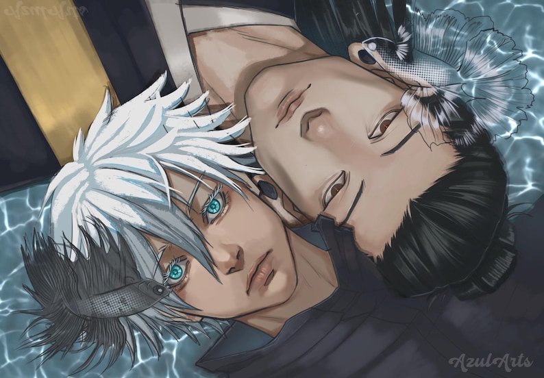 May include: Digital illustration of two anime-style figures, one with white hair and turquoise eyes, the other with black hair. A betta fish floats near each figure's head. The artwork is signed "AzulArts".
