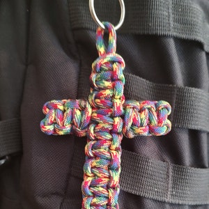 Hand made Paracord 3 1/4 in. Length, 2 1/2 in. Width, Multi Color Paracord Cross Key Ring. Very Cool looking Key Fob.