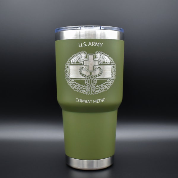 U.S. Army Combat Medic 30oz Laser Engraved Stainless Steel Tumbler - Army Green 68W Combat Medic Badge Coffee Cup