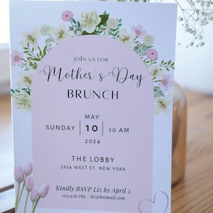 Invitación a un brunch para el Día de la Madre (editable e imprimible), folleto, plantilla de invitación móvil, té y regalos.