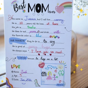 Best MOM BIRTHDAY Gift Idea GIY Questionnaire Personalised Fill In Blanks Interview Q&A Keepsake for Mom All About My Mom-Mother's Day Gift image 1