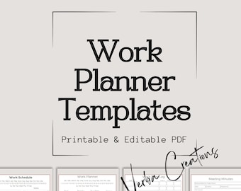 May include: Four printable work planner templates in black and white. The templates include a work schedule, work planner, meeting minutes, and a log. The text "Work Planner Templates" is at the top of the image. The text "Printable & Editable PDF" is below the title. The text "Versa Creations" is in the bottom right corner of the image.