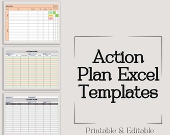 Può includere: Quattro diversi modelli di piano d'azione in Microsoft Excel. I modelli sono stampabili e modificabili. I modelli sono intitolati "Piano d'azione", "Piano d'azione", "Piano d'azione" e "Piano d'azione di lavoro". Il testo "Modelli di piano d'azione Excel" è in una casella nera con sfondo bianco. Il testo "Stampabile e modificabile MS EXCEL" è sotto la casella. Il testo "Versa Creations" è sotto il testo "Stampabile e modificabile MS EXCEL".