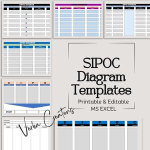 May include: A set of printable and editable SIPOC diagram templates in MS Excel. The templates are designed to help you identify and analyse the suppliers, inputs, processes, outputs, and customers involved in a process.