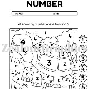 May include: A black and white coloring page of a turtle with numbers in each section. The numbers correspond to colors listed on the right side of the page. The colors are yellow, green, black, pink, brown, and red.