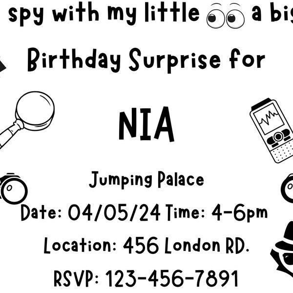 Kids spy birthday party invitation, Unique invitations personalized digital download, Invitations for birthday party, Kids invitation cards