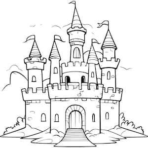 May include: Black and white line art illustration of a castle with multiple turrets, flags, and a central arched doorway. The castle is set on a small hill with bushes and clouds in the background. A coloring book style image.