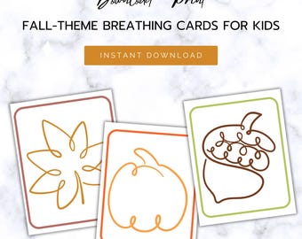 May include: Three printable breathing cards featuring fall-themed illustrations. The cards are white with colored borders and feature a leaf, a pumpkin, and an acorn.