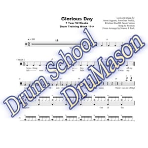 Puede incluir: Una página de partitura para un solo de batería titulado "Glorious Day" con la letra y la música de Jason Ingram, Jonathan Smith, Kristian Stanfill y Sean Curran. La canción es de Passion y el arreglo de batería es de Mason B Park. La partitura incluye la notación de batería para la canción.