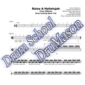 Könnte beinhalten: Eine Notenpartitur für den Song "Raise A Hallelujah" von Bethel Music. Die Partitur enthält den Text und die Schlagzeugnotation für den Song. Die Schlagzeugnotation ist für eine Schlagzeugtrainingswoche 11.