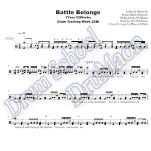 Peut inclure: Une partition de musique pour un solo de batterie intitulé "Battle Belongs" avec des paroles et de la musique de Brian Mark Johnson et Philip David Wickham. La chanson est arrangée pour la batterie par Mason B Park. La partition comprend le tempo, la tonalité, la mesure et la notation de la batterie.