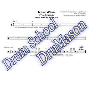Könnte beinhalten: Ein Notenblatt mit dem Titel "New Wine" und Text und Musik von Brooke Ligertwood. Die Musik ist für Schlagzeug und enthält Anweisungen zum Spielen des Schlagzeugs für jeden Vers und jeden Refrain.