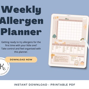 May include: A printable weekly allergen planner with a light pink background and illustrations of a sun, rainbow, and trees. The planner includes sections for allergen plans, allergen ideas, and macronutrient ideas. The text "Weekly Allergen Planner" is at the top of the page.