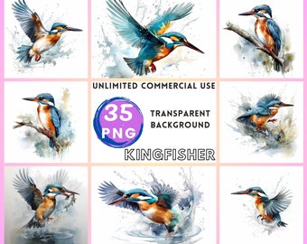May include: A set of 35 digital illustrations of kingfishers in various poses, with watercolor-style backgrounds. The illustrations are perfect for use in digital projects, such as scrapbooking, card making, and web design.