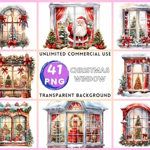 Ventana navideña Acuarela Clipart Fondo transparente PNG Dibujo Manualidades Collage Diario Álbum de recortes Impresiones Descarga instantánea