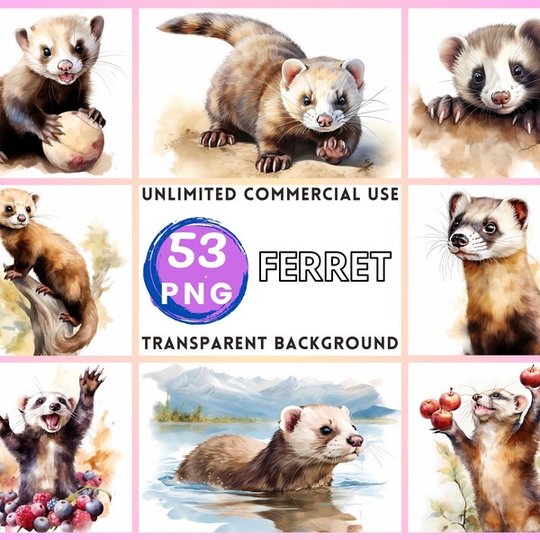 Ferret Watercolor Clipart Transparent Background PNG Drawing Crafting Collage Journaling Scrapbook Prints Instant Download