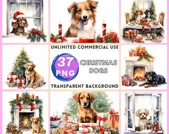 Christmas Dogs Watercolor Clipart Transparent Background PNG Drawing Crafting Collage Journaling Scrapbook Prints Instant Download