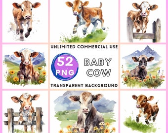 Baby Cow Watercolor Clipart Transparent Background PNG Drawing Crafting Collage Journaling Scrapbook Prints Instant Download