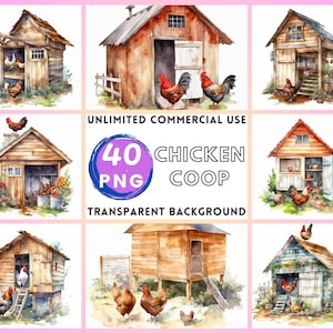 Poulailler aquarelle Clipart fond Transparent PNG dessin Artisanat Collage journalisation Scrapbooking impressions Téléchargement instantané