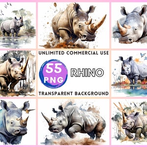 Rinoceronte Acquerello Clipart Sfondo Trasparente PNG Disegno Artigianato Collage Journaling Scrapbook Stampe Download Istantaneo