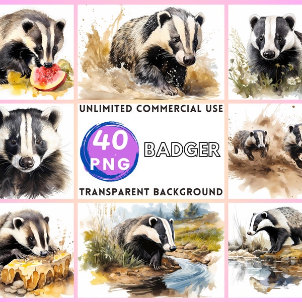 Badger Watercolor Clipart Transparent Background PNG Drawing Crafting Collage Journaling Scrapbook Prints Instant Download