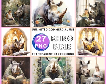 Rhino Bible Watercolor Clipart Transparent Background PNG Drawing Crafting Collage Journaling Scrapbook Prints Instant Download