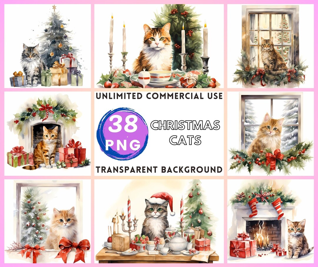 Christmas Cats Watercolor Clipart Transparent Background PNG Drawing ...