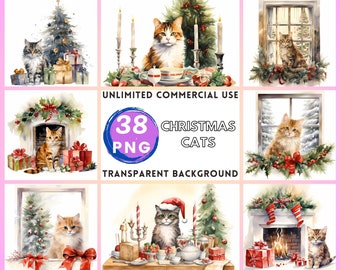 Christmas Cats Watercolor Clipart Transparent Background PNG Drawing Crafting Collage Journaling Scrapbook Prints Instant Download