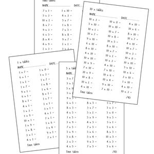 May include: A collection of worksheets for practicing multiplication tables, including 1x, 5x, and 10x tables. Each sheet has space for a name and date, with problems and space to write the answer. The time taken is recorded at the bottom.