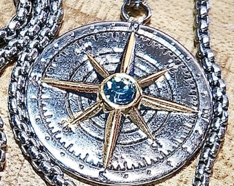 North Star Compass Necklace, North Star Charm Pendant, Blue CZ Pendant Necklace, Nautical Star Compass Necklace, Stainless Steel Necklace