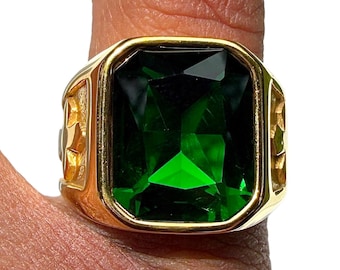 Mens Signet Ring Green CZ Gold Tone Stainless Steel Emerald Cut Statement Ring
