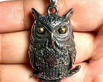 Könnte beinhalten: Silberfarbener Eulenanhänger mit goldfarbenen Augen. Die Eule ist aufwendig detailliert mit einer strukturierten Oberfläche und hängt an einer passenden Kette. Ein einzigartiges Schmuckstück.