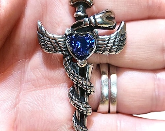 Cross Wings Necklace, Sword Wings Charm Necklace, Sapphire Pendant Necklace, Stainless Steel Necklace, Unisex Necklace Pendant